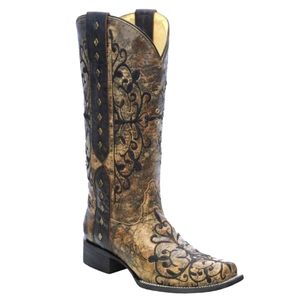 CORRAL R1345 Bronze & black floral embroidered square toe cowboy boots sz 6 EUC